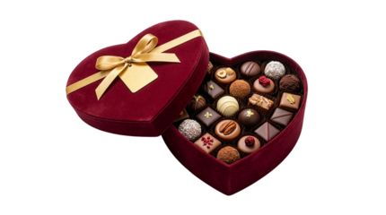 Open heart-shaped chocolate gift box for Valentine’s Day, PNG transparent background