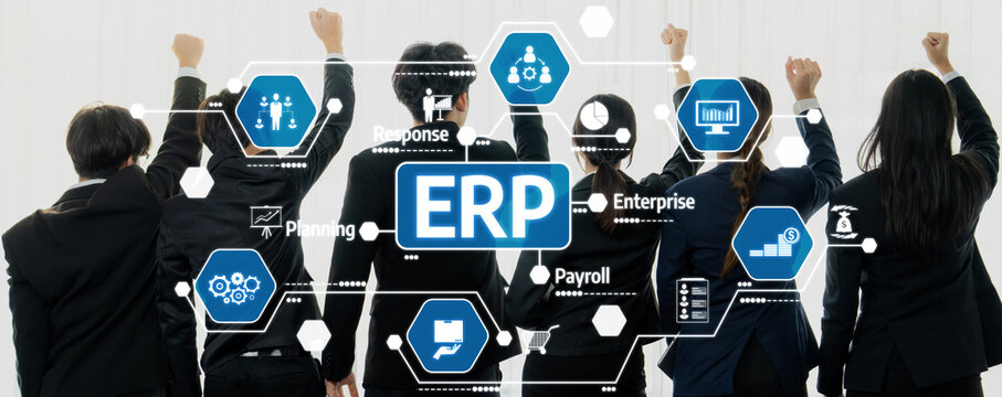 A dynamic team celebrates their success in implementing enterprise resource planning, showcasing teamwork and innovation in a modern business environment. Amity