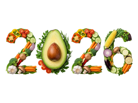 Food collage forming number 2026 for New Year and Christmas, PNG transparent background - Powered by Adobe