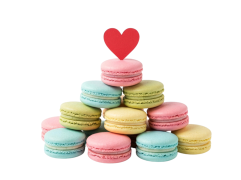 Macarons pile topped with a red heart for Valentine’s Day, PNG transparent background - Powered by Adobe