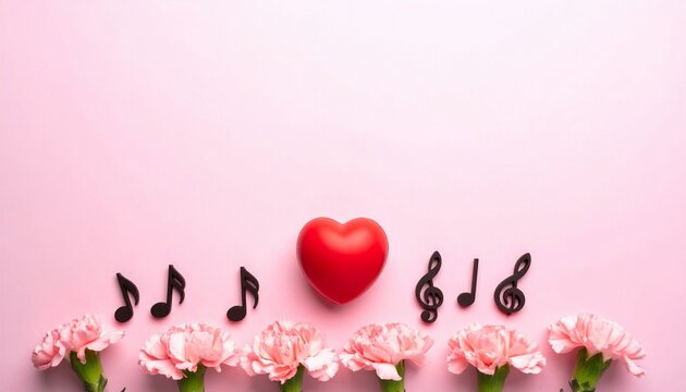 Heart with musical notes and flowers create a romantic melody on a pink background