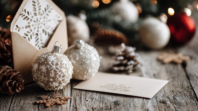 Medium shot of Christmas direct mail showcasing festive motifs like ornaments snowflakes and warm holiday greetings with cozy winter décor enhancing the scene