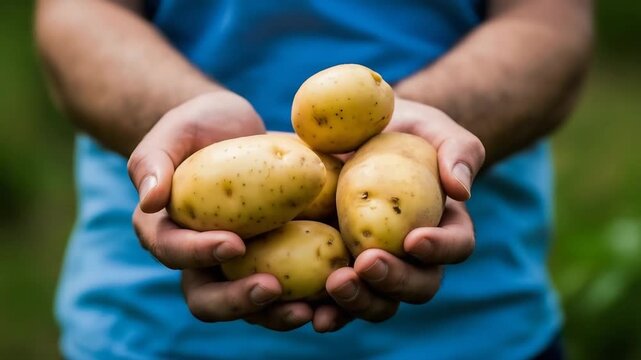 Freshly harvested potatoes held in hands ready for cooking and eating organic farm produce food 4k video