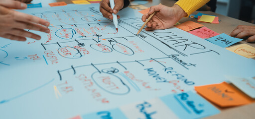 Hands in a collaborative workspace engage in project planning, using colorful sticky notes and...