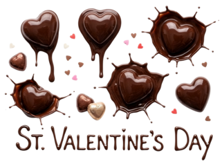 Chocolate hearts splash illustration for Valentine’s Day, PNG transparent background