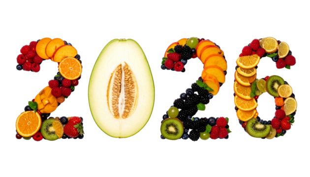 Avocado and fruit collage 2026 for New Year and Christmas, PNG transparent background - Powered by Adobe