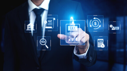 Financial regulation and tax compliance concept showing tax document, VAT, transaction flow, and...