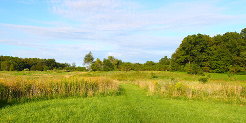 Fototapeta premium Hiking trail through the prairie at Shabbona Lake State Park in Illinois