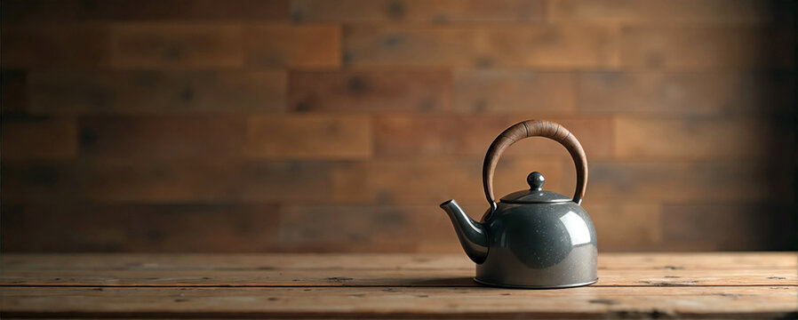 Vintage gray teapot with wooden handle on rustic wooden table against warm brick wall background, cozy and homely atmosphere
