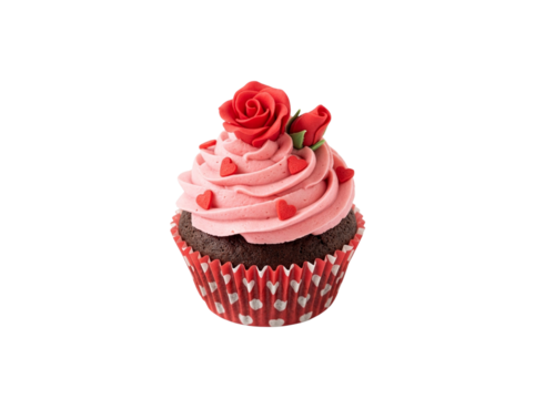 Cupcake with rose cream for Valentine’s Day, PNG transparent background