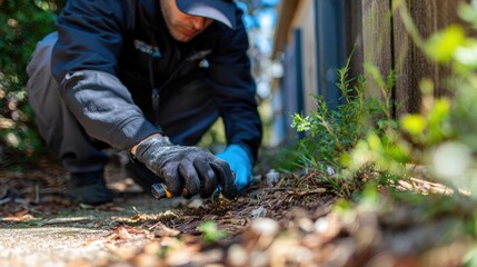 Pest control expert inspecting property perimeter using gloves and tools to identify scorpion hiding spots and implement integrated prevention strategies.