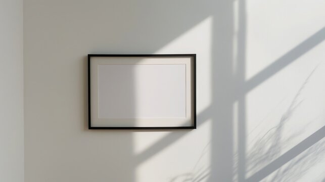 minimalist black frame on bright white wall catching window shadows leaving wide negative space clean interior copyspace concept of home decor art printing modern branding