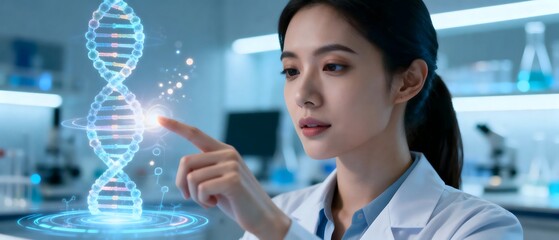 Female Scientist Interacting with Holographic DNA
