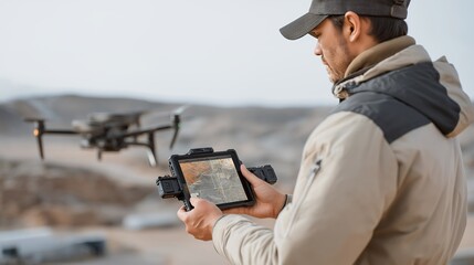 A drone capturing infrared emission leaks from oil pipelines, glowing flares visualized on a thermal map displayed on a rugged tablet — methane detection, aerial environmental surveillance, and