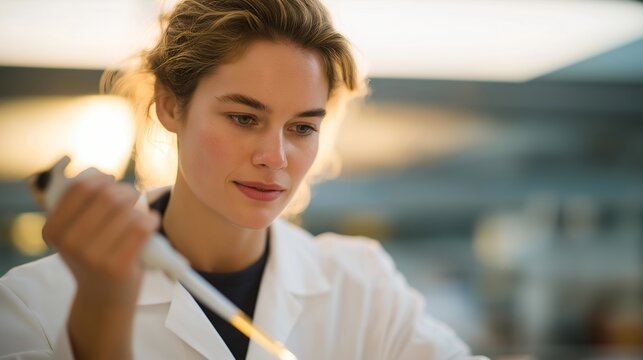 A lab technician carefully calibrating a high-precision pipette, adjusting micro-volume settings while cross-checking measurements on a digital scale — laboratory accuracy, biomedical research