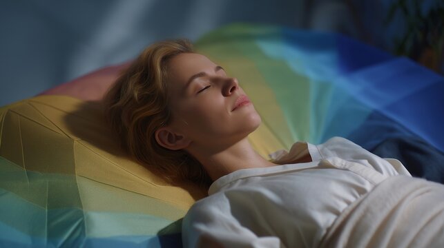 A mattress tester lying on pressure-sensing pads that visualize support zones on a colorful digital screen — ergonomic evaluation, comfort science, and sleep technology testing. cinematic color