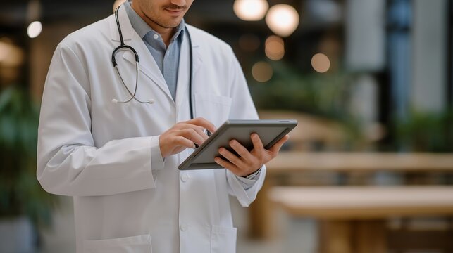 A doctor using a non-invasive digital stethoscope to monitor a patient’s heartbeat, the sleek device transmitting real-time data to a tablet in a calm, softly lit clinic — modern diagnostics,