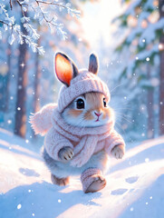 Cute baby bunny in knitted winter clothes running through snowy forest. Pastel colors, sparkling snow, cozy winter mood. Adorable Christmas animal illustration.