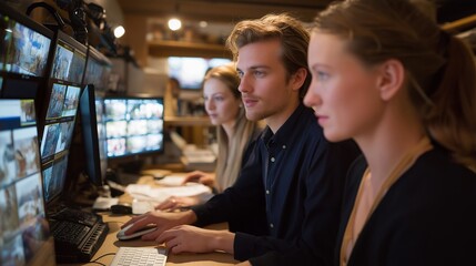 A fact-checking team reviewing sources on multiple monitors, cross-referencing data before approving a major investigative article — responsible journalism, accuracy verification, and rigorous