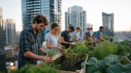 A community urban farm built atop a parking garage roof, volunteers watering raised beds while city skyscrapers rise in the background — rooftop agriculture, urban sustainability, and