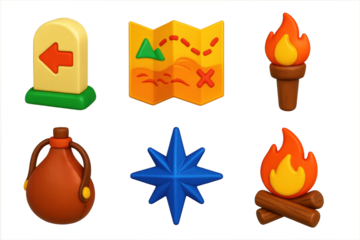 Collection of icons for a game, including a compass, a fire, a lantern, a map