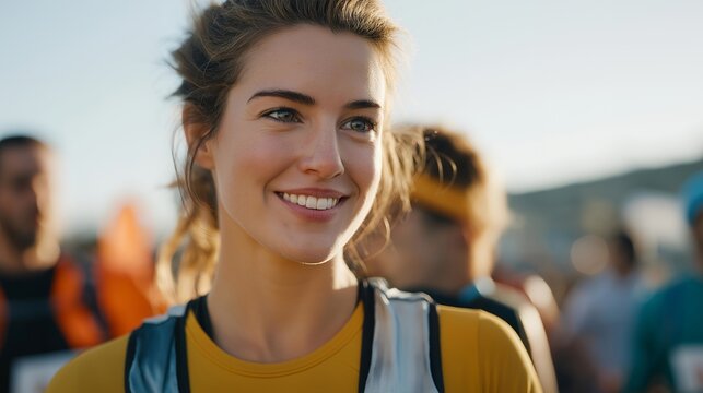 A runner participating in a charity race, wearing a participant bib and sharing a warm smile with other runners at the starting line — community event, feel-good sports spirit, and purposeful