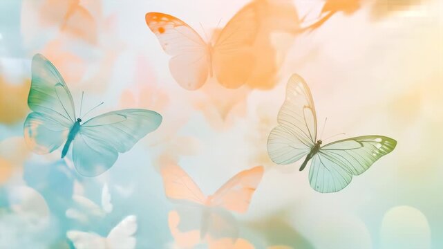 Soft pastel scene of vibrant butterflies fluttering in gentle bokeh light, creating a dreamy, magical, seamless loop ideal for romantic, elegant nature and design projects