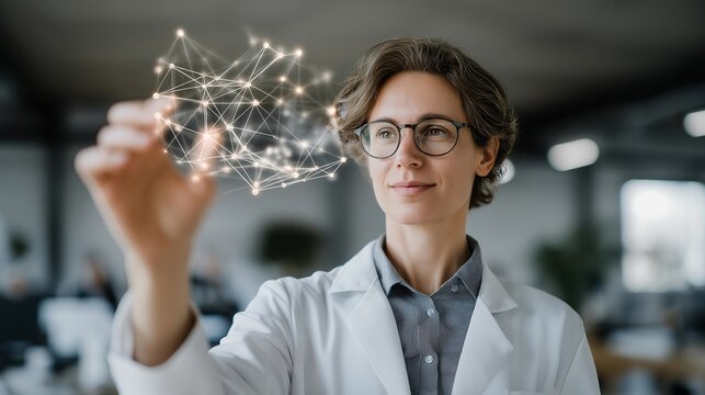 A scientist studying a wire-frame molecular structure on a floating hologram, each atom represented by geometric points connected by glowing lines — molecular modeling, scientific simulation, and