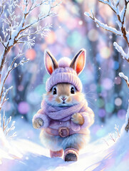 Adorable baby bunny dressed in lilac knitted winter clothes, walking through a sparkling snowy forest. Soft bokeh lights, fluffy fur, warm cozy atmosphere. Cute Christmas character perfect for holiday