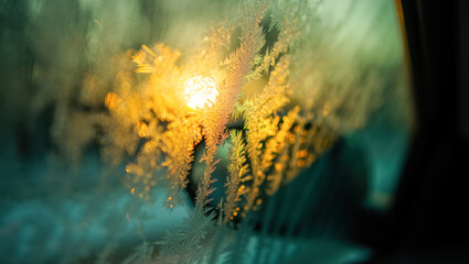 Frost crystals on a cold car window glow in warm golden sunlight, forming delicate winter patterns with shimmering textures and soft teal tones