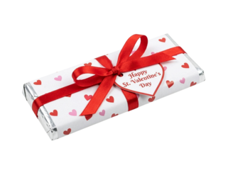 Wrapped chocolate bar with heart tag for Valentine's day, png on transparent background