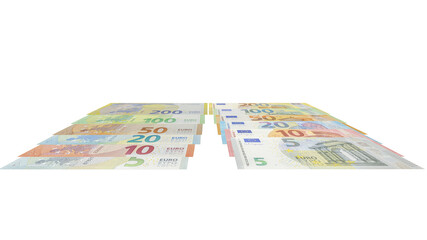 Two piles of assorted euro banknotes from one hundred to five euros arranged in neat parallel rows, isolated on a plain white background in a tilted studio view.