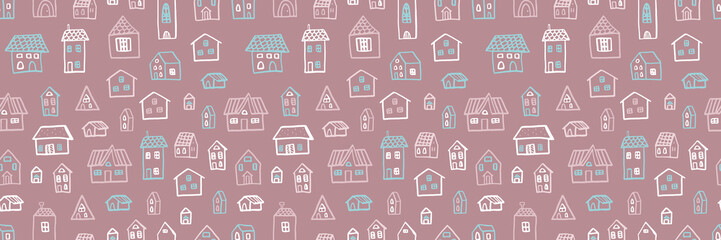 Seamless pattern with cute hand-drawn houses in soft pastel colors. Cozy village doodles on a warm pink background. Ideal for wallpapers, kids designs, textiles, wrapping paper, and home decor.