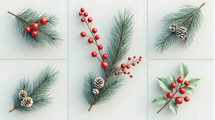 Festive Pine Needles with Snow-Covered Cones and Red Berries
