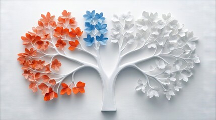 A stylized tree sculpture with colorful leaves against a white background.