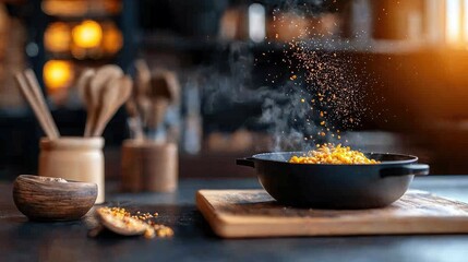 A steaming dish with spices being sprinkled into it, set on a wooden cutting board in a kitchen. The scene is illuminated by warm lighting.