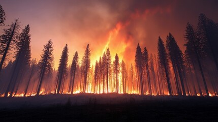 A forest fire rages, with flames and smoke engulfing the trees at sunset. The scene is dramatic and intense, highlighting the destructive power of nature.