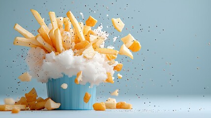 A creative food photography concept featuring french fries seemingly exploding from a blue cup against a pastel blue background. The image is playful and dynami