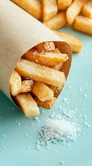 Close-up of golden french fries in a paper cone, with salt scattered on a blue surface. Some fries are out of the cone.