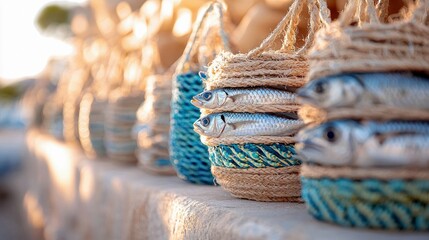 Close-up of fresh fish displayed in woven baskets, arranged on a stone surface outdoors during sunset.