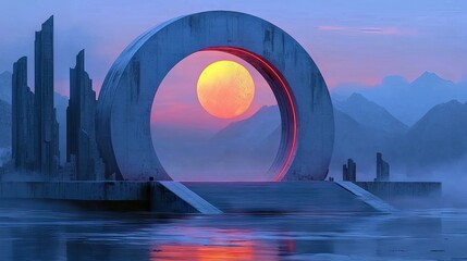 A surreal, digital artwork depicting a large concrete portal with a glowing sun at the center, set against a backdrop of mountains and water, creating a dreamli
