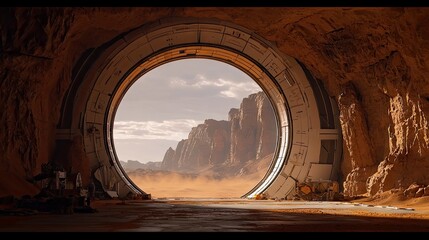 A futuristic portal opens to a desert landscape, with a dramatic lighting, creating a sense of wonder and exploration.