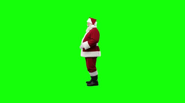 3d animation of a Santa Claus laughing with side view on Green Screen &ndash; Chroma Key Christmas Character Footage for Holiday Videos and Commercial Use.