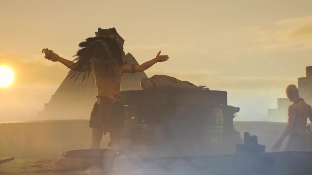 ancient Mayan aztec tribe , priest brings human sacrifices 3d render