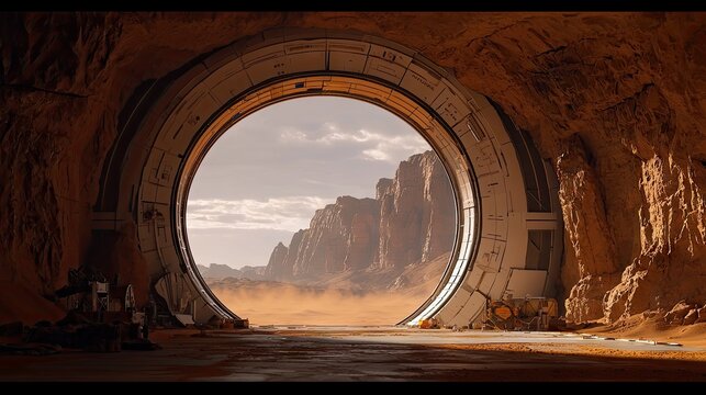 A futuristic portal opens to a desert landscape, with a dramatic lighting, creating a sense of wonder and exploration.