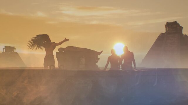 ancient Mayan aztec tribe , priest brings human sacrifices 3d render