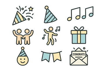 Party line icon set featuring celebratory, dancing, musical, congratulatory icons and more