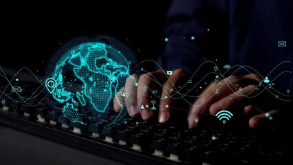Captivating image of hands typing on a keyboard with a holographic representation of the Earth, showcasing themes of global connectivity and digital innovation. Xenic