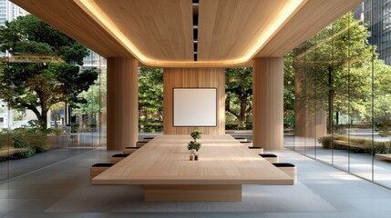 A modern conference room featuring a large wooden table, surrounded by glass walls with a view of trees and natural light.