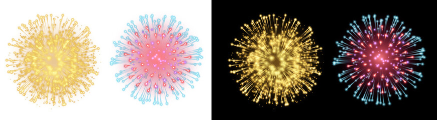 Fototapeta premium PNG image of&nbsp;Vibrant fireworks display featuring golden and colorful bursts against a dark sky perfect for celebrations and festive events with a dynamic and exciting feel on transparent background